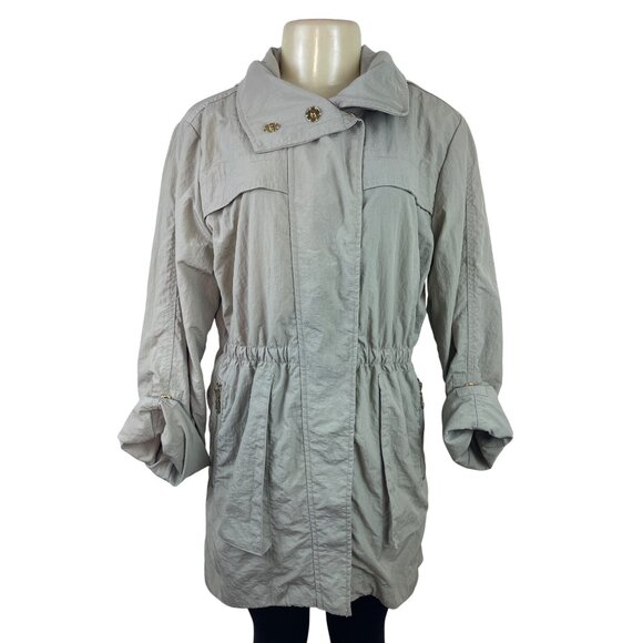 G.E.T Gray Women’s Parka Coat With Gold Zipper High Neck Adjustable Waist Sz M - Picture 1 of 10
